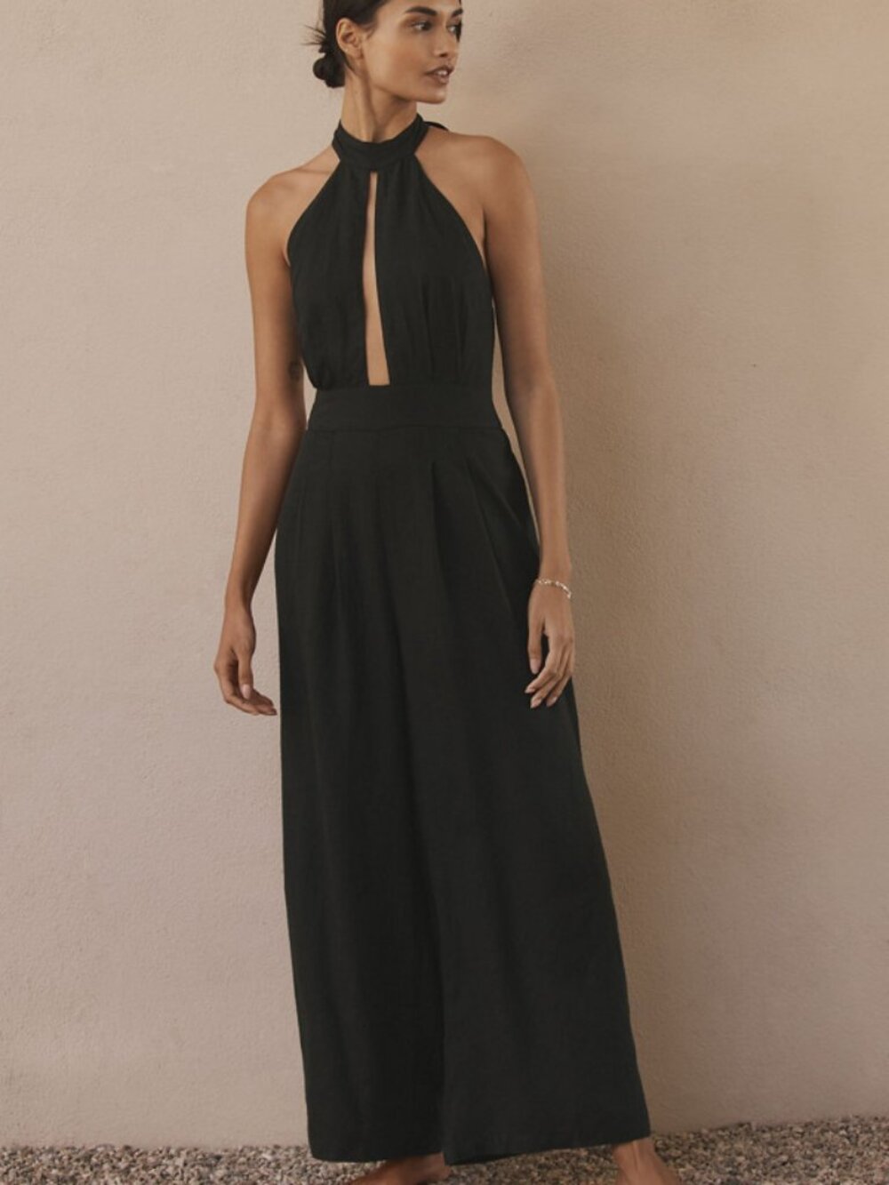 Anthro Black Linen Mockneck Jumpsuit, Halter, Medium